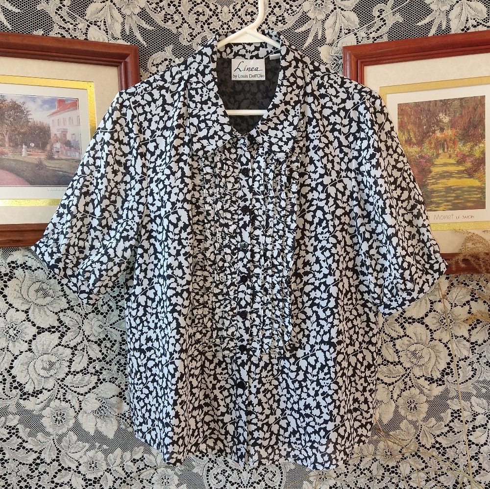 Louis Dell Olio black white blouse floral abstract polyester pleated button up